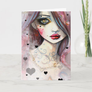 Cartão Arte de Fantasia em Aquarela Menina e Corações