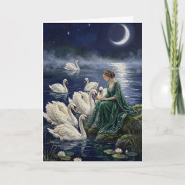 Cartão Arte de Fantasia Noturna do Lago sob a Lua dos Cis