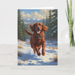 Cartão Arte de Férias Setter Irlandês Correndo na Neve