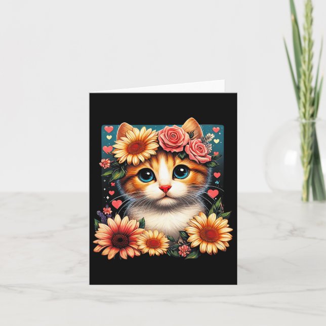 Cartão Arte de Gato de Flor Retro Gatinho Com Flores Anim (Frente)