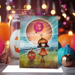 Cartão Arte de Halloween de Menina Abóbora Fofa