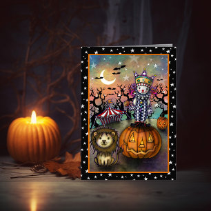 Cartão Arte de Halloween de Palhaço Fofo e Leão
