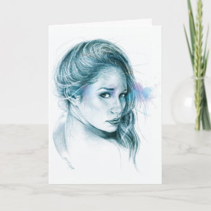 Cartão Arte de lápis de retrato feminino azul