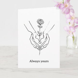 Cartão Arte de Linha Minimalista Mãos Coração & Rosa Casa