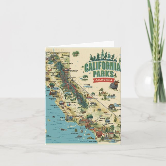 Cartão Arte de Mapa Ilustrado dos Parques da Califórnia V (Frente)