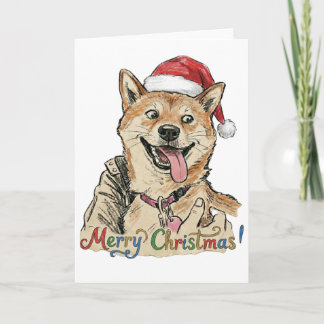 Cartão Arte de Natal do Shiba Inu em Desenho Rústico Vint