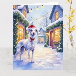 Cartão Arte de Natal Greyhound Snowy Village Santa Hat