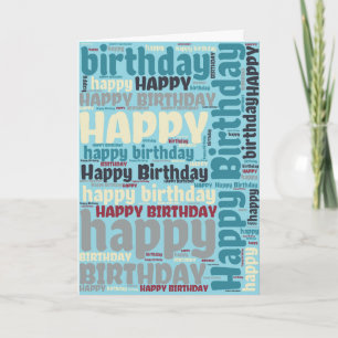 Cartão Arte de Palavras Azul e Cinza Feliz Aniversário