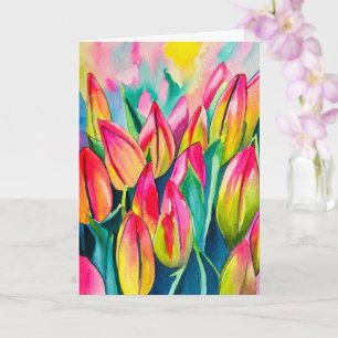 Cartão Arte de tulipas de aquarela rosa