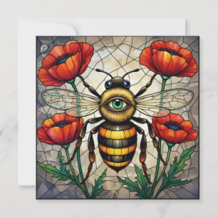 Cartão Arte de Vidro Colorido Abelha Flor de Papoula Verm