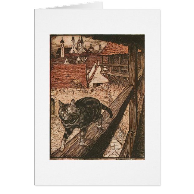 Cartão Arte do vintage - a aventura do gato, (Frente)