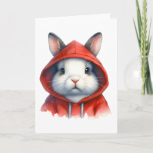 Cartão Arte em Aquarela Coelho Branco com Capuz Vermelho