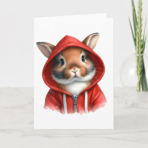 Cartão Arte em Aquarela Coelho Marrom com Capuz Vermelho