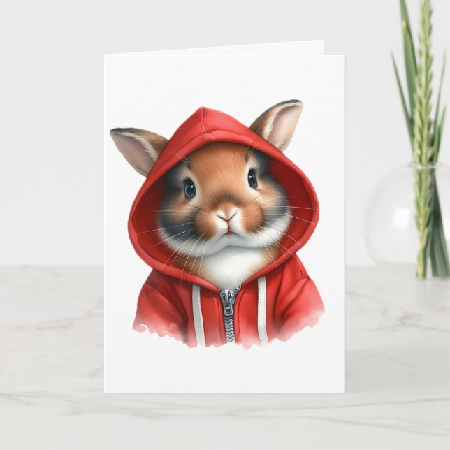 Cartão Arte em Aquarela Coelho Marrom com Capuz Vermelho  (Frente)