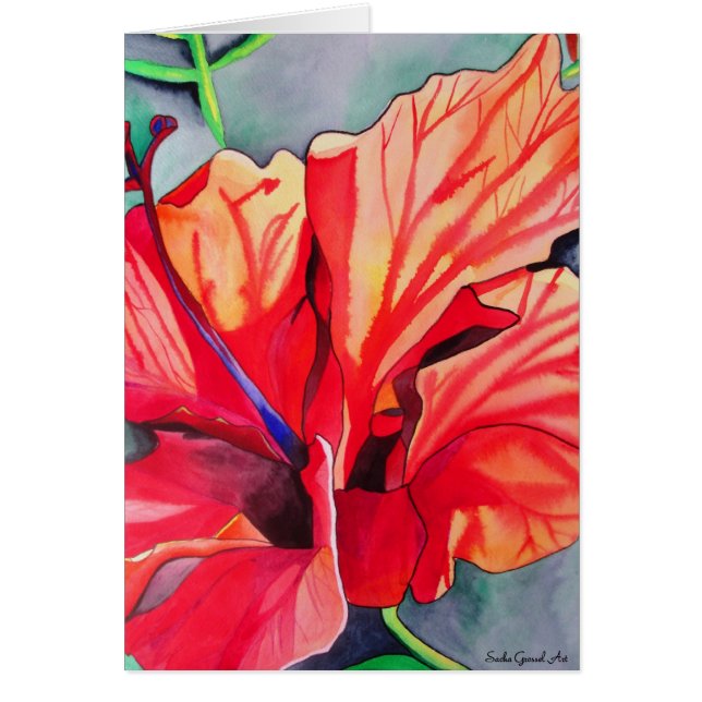 Cartão Arte em aquarela de flor tropical Hibisco Vermelho (Frente)