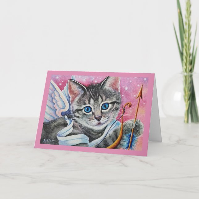 Cartão Arte em Aquarela de Gato Tabby Cupido Caprichoso (Frente)