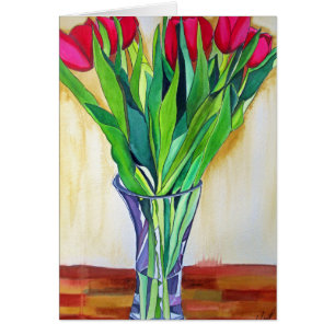 Cartão arte em aquarela de tulipas rosa e vermelhas