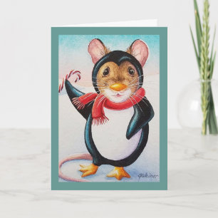 Cartão Arte em Aquarela do Rato Pinguim do Polo Norte Cap
