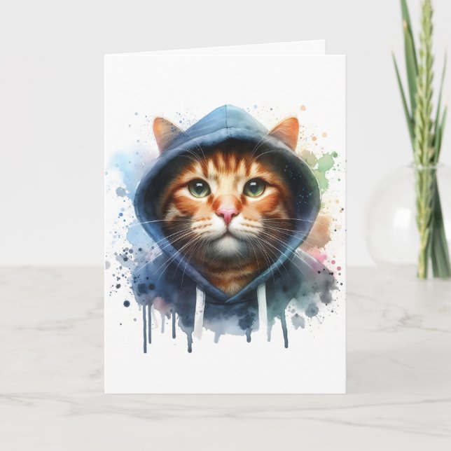 Cartão Arte em Aquarela Gato Malhado com Capuz Azul Manch (Frente)
