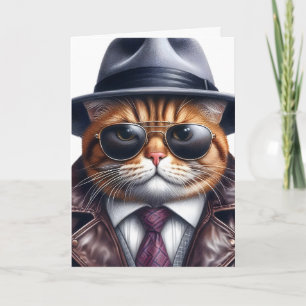 Cartão Arte em Aquarela Gato Terno Gravata Jaqueta Chapéu