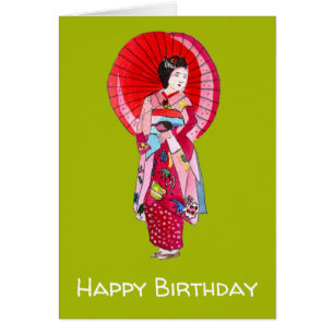 Cartão Arte engraçada japonesa Geisha red kimono