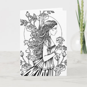Cartão Arte Fantasia de Mulher em Rosas para Colorir