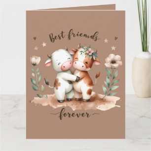 Cartão Arte Floral de Abraço de Melhores Amigos Vaca Fofa