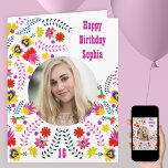 Cartão Arte Folclórica Mexicana Fora De Qualquer Idade Fo<br><div class="desc">Cartão de aniversário fotográfico com flores coloridas mexicanas folk art em rosa, vermelho, amarelo e azul. Carregue sua foto neste dentro vibrante e giramente decorado com design e saia com arranjos florais. A frente lê Feliz Aniversário [seu nome] na tipografia ocidental e você também pode adicionar qualquer idade (ou deixar...</div>