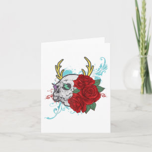 Cartão Arte Gráfica de Caveira de Flor e Tatuagem de Rosa