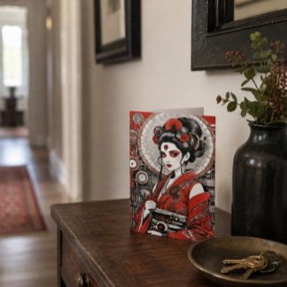 Cartão Arte Japonesa Geisha Steampunk Vermelho Preto Eleg