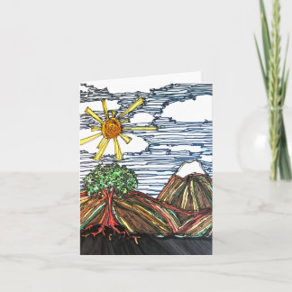 Cartão Arte linear com Montanhas, Árvore, Sol, Mão Desenh
