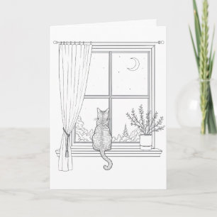 Cartão Arte Linear Minimalista de Gato de Aniversário na 