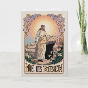 Cartão Arte Nova Antiga Ele Ressuscitou Igreja de Natal e