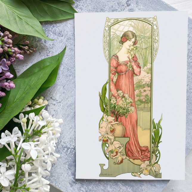 Cartão Arte Nova Antiga Senhora da Estufa Elegante  (Criador carregado)