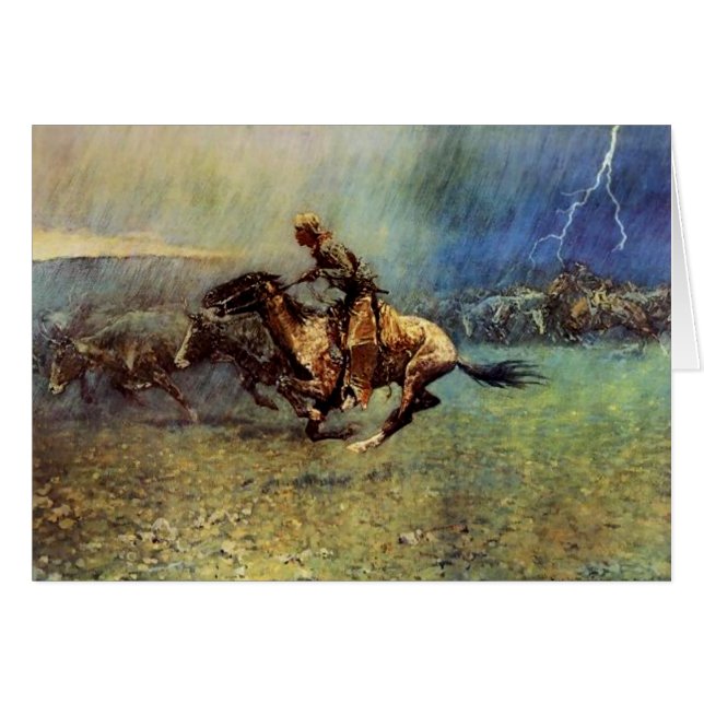 Cartão Arte Ocidental de Frederic Remington “A Estampida” (Frente Horizontal)