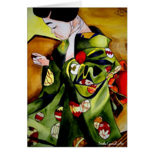 Cartão Arte original de aquarela em Geisha Japonês Bonita