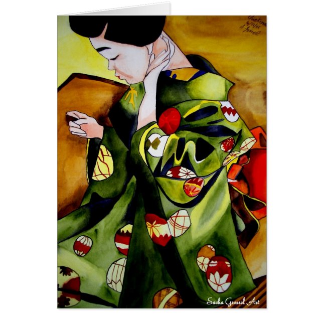 Cartão Arte original de aquarela em Geisha Japonês Bonita (Frente)