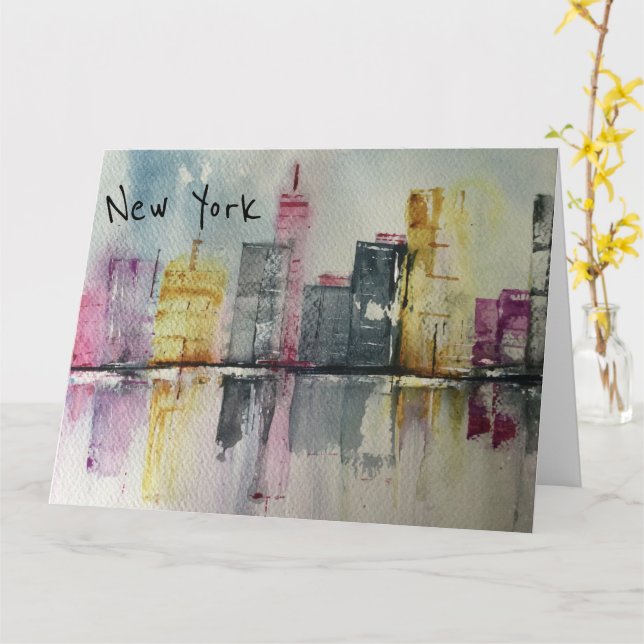 Cartão Arte original de Nova Iorque NYC Skyline Cityscape (Flor Amarela)
