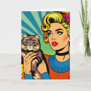 Cartão Arte Pop Cartoon Mulheres Segurando Gato