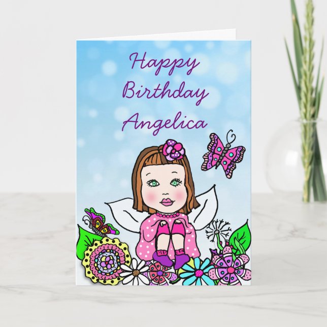 Cartão Arte Popular Fantasiosa Menina Fada Feliz Aniversá (Frente)