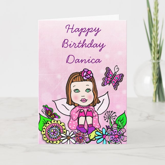 Cartão Arte Popular Fantasioso Menina Fada Feliz Aniversá (Frente)
