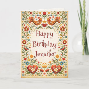 Cartão Arte Popular Vintage Personalizada de Aniversário