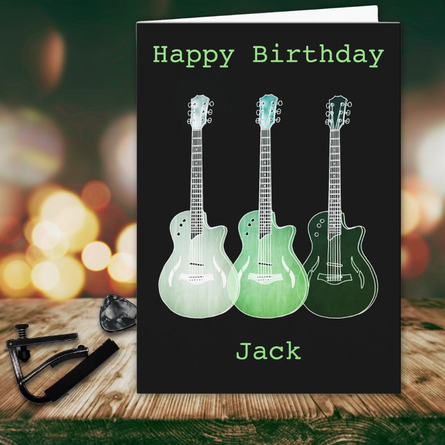 Cartão Arte Psicodélica Música Violão Desenho Adicione No (Funky guitar green pop art personalized name happy birthday greeting card for guitarist musicians)