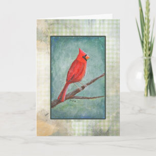 Cartão Arte Única do Cardinal Mal-humorado Pintada à Mão 