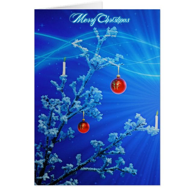 Cartão Árvore com neve e Enfeites de natal (Frente)