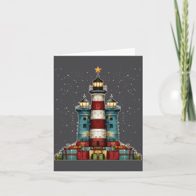 Cartão Árvore de Natal à Beira-Mar Farol Manga Longa (Frente)