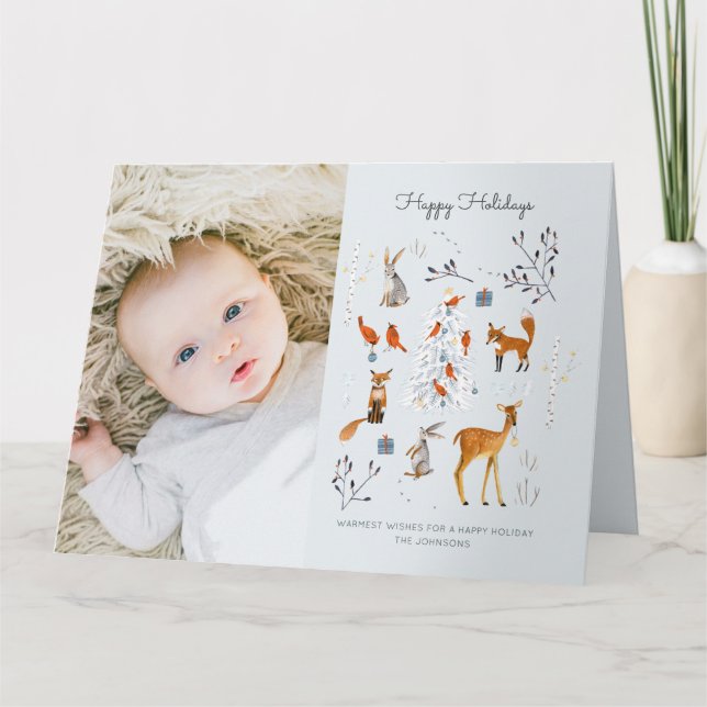 Cartão Árvore de Natal azul-clara da floresta e animais (Frente)