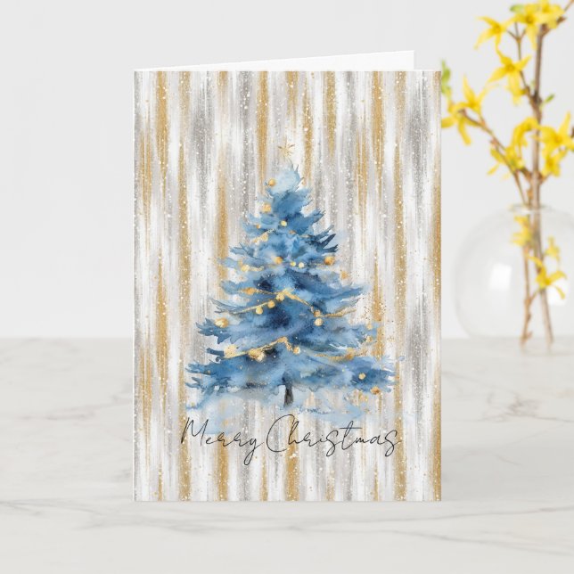 Cartão Árvore de Natal Azul Dourada Prata (Flor Amarela)