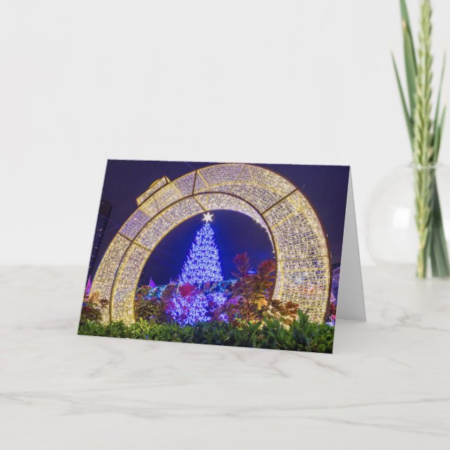 Cartão Árvore de Natal azul emoldurada em uma Bola de Nat (Frente)