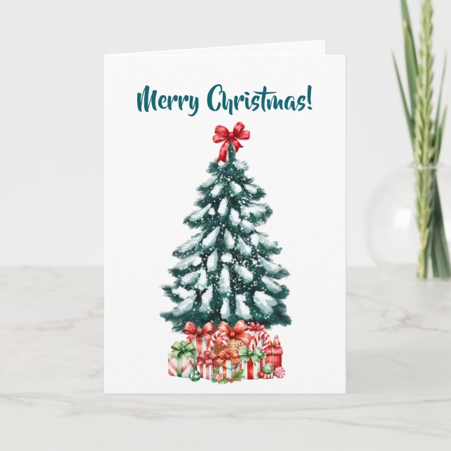 Cartão Árvore de Natal Branca Elegante e Nevada (Frente)
